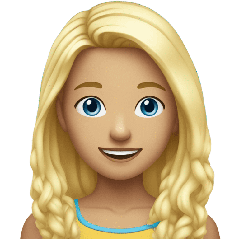 A young girl with blue eyes and blonde hair smiling standing in front of the beach emoji