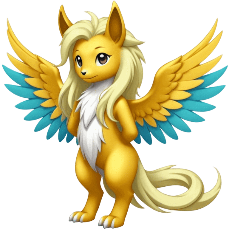 Anthro Sona Cool Cute Colorful Shy Winged Shiny Fakemon-Fantasy-Creature With Long Hair-Mane Full Body emoji