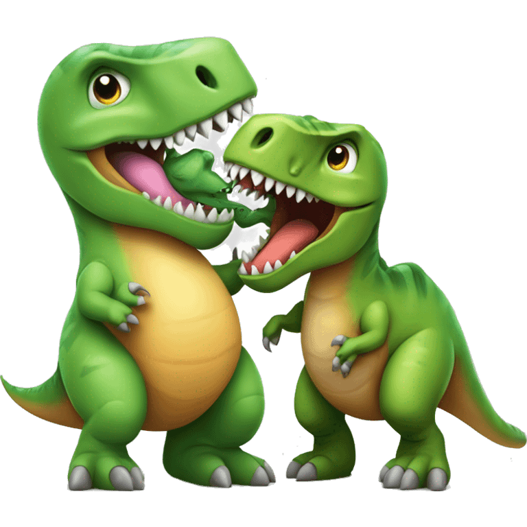 Sharp teeth dinosaur hugging a T-Rex dinosaur emoji