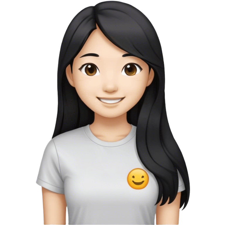 an asian girl with straight black and long hair, slight waves, smiling, wearing tshirt emoji