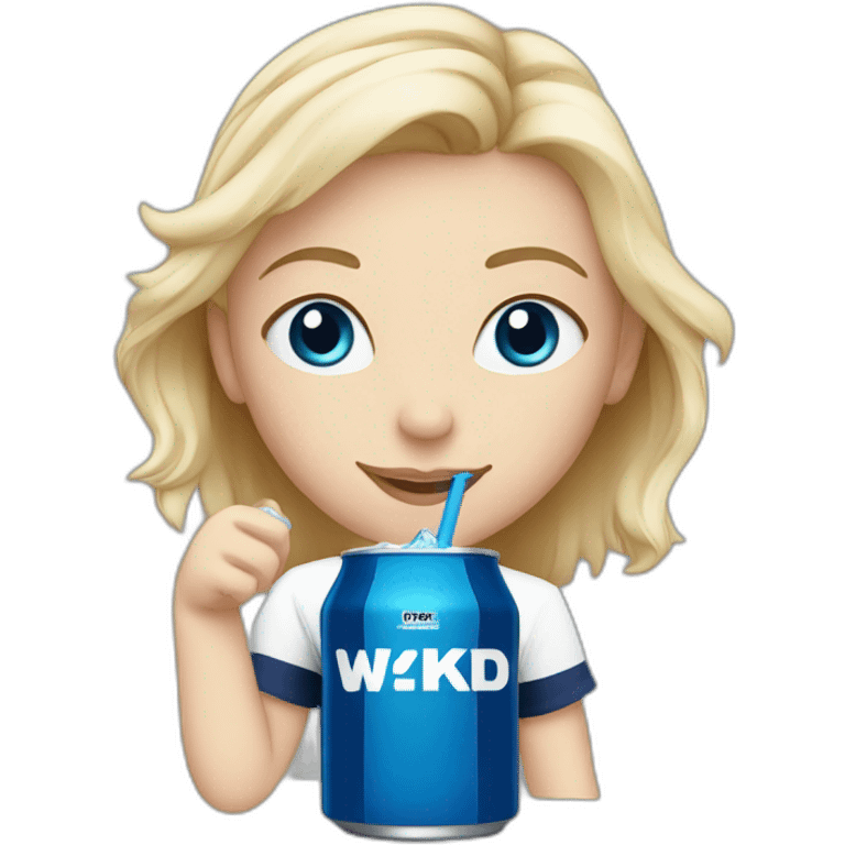 Blonde girl with blue eyes holding a blue wkd drink and wearing a Scotland football tshirt emoji