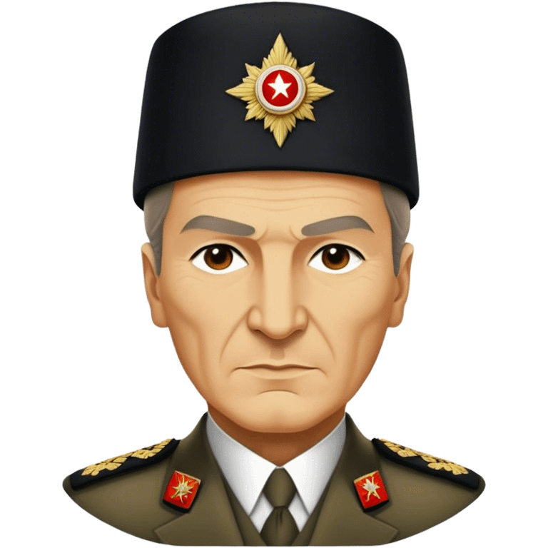 Mustafa Kemal Atatürk (statesman) in traditional hat – Cinematic Realistic Portrait of Mustafa Kemal Atatürk, depicted in dignified traditional attire with a distinctive hat, a resolute and visionary expression illuminated by warm, historic lighting, rendered with rich textures that evoke his transformative leadership. emoji