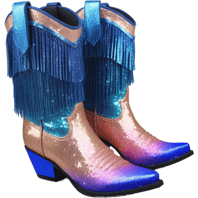 Realistic rose gold and royal blue ombre pair of fashion cowgirl boots with sparkly shiny glitter fringe on them. emoji