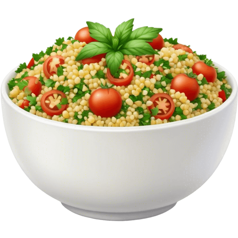 Cinematic Realistic Tabbouleh Salad Dish Emoji, showcasing a fresh herbaceous salad with bulgur, tomatoes, and parsley rendered with crisp textures and natural, vibrant lighting. emoji