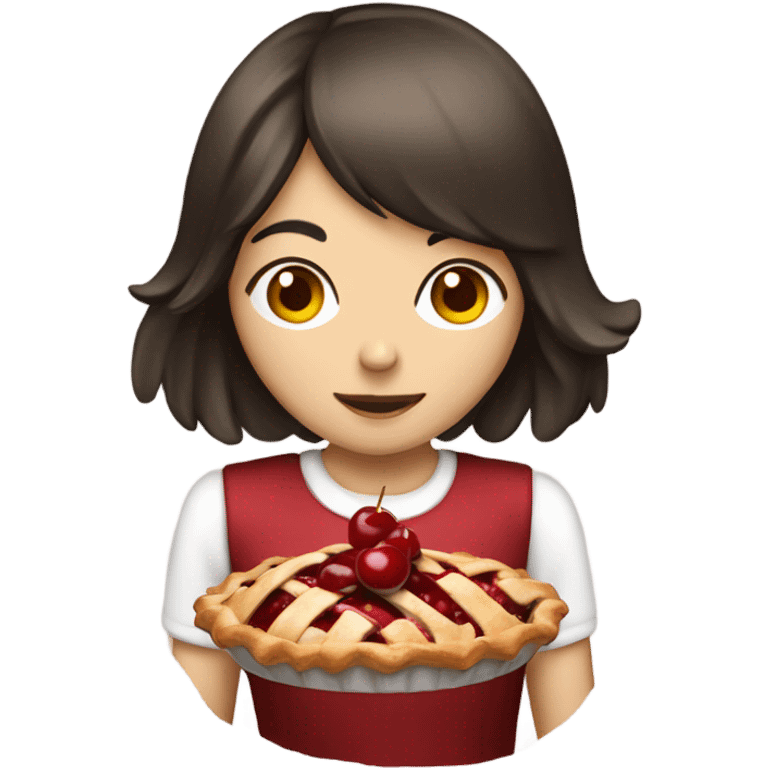 Girl brunette with fringe eating a cherry pie emoji