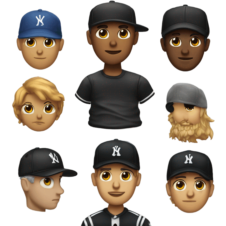 Homme blanc, cheveux courts noir, yeux en amande, viril, mal rasé, casquette yankee noir emoji