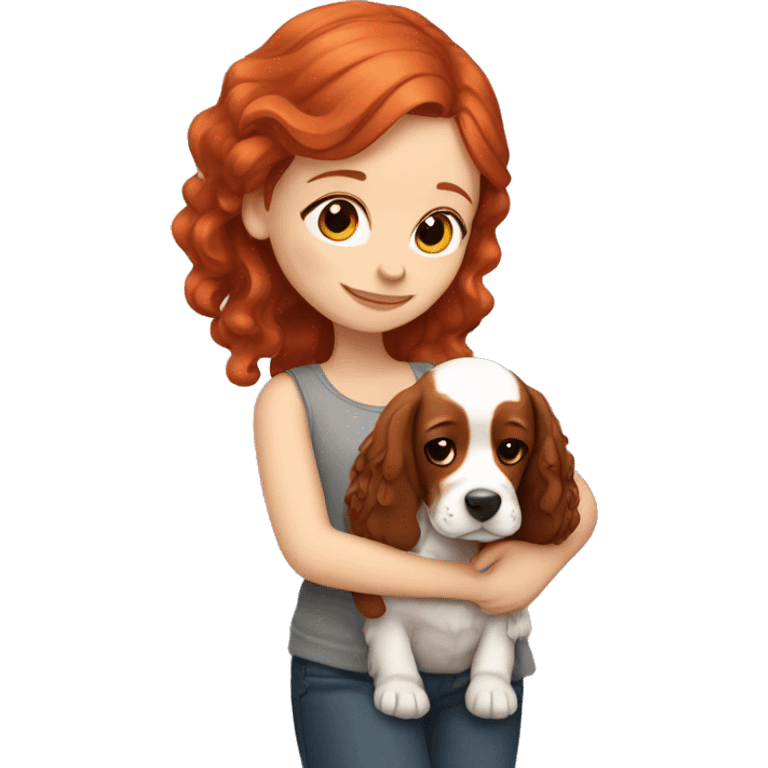 A very cute girl with red hair cuddling an English Cocker Spaniel. emoji