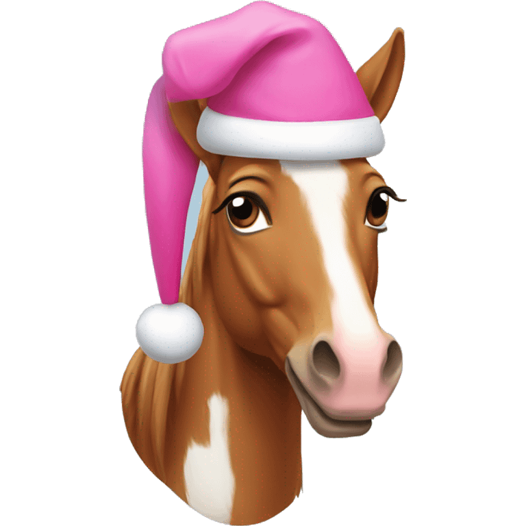 Chestnut horse wearing a pink christmas hat emoji