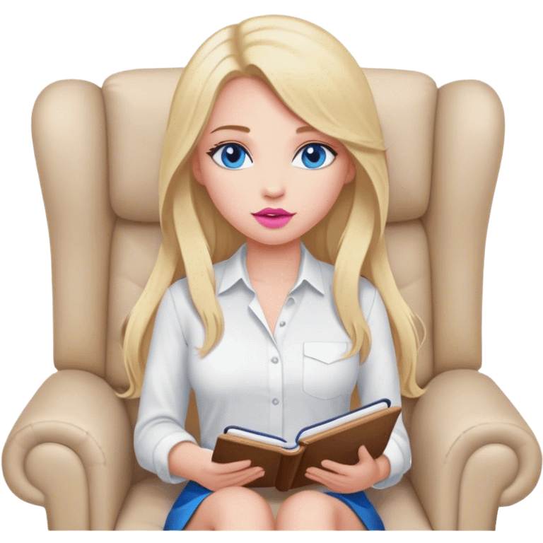 Cinematic realistic blonde with long hair, blue eyes and pink lips, sitting in a beige armchair with a notebook and pen in her handsshirt, sits in a beige armchair with a notebook and pen in her hands emoji