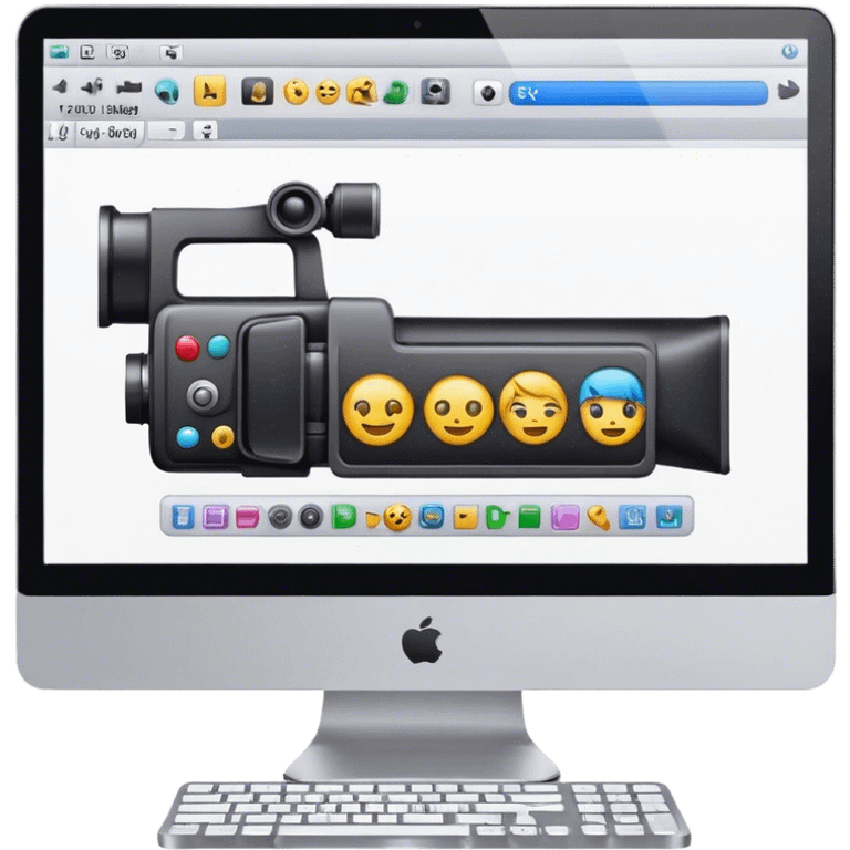 Create an emoji of video editing. Should feature a video editing timeline or interface on a computer screen, showing clips and a playhead. Include a video camera and editing tools. No smiley faces. Make the background transparent. emoji