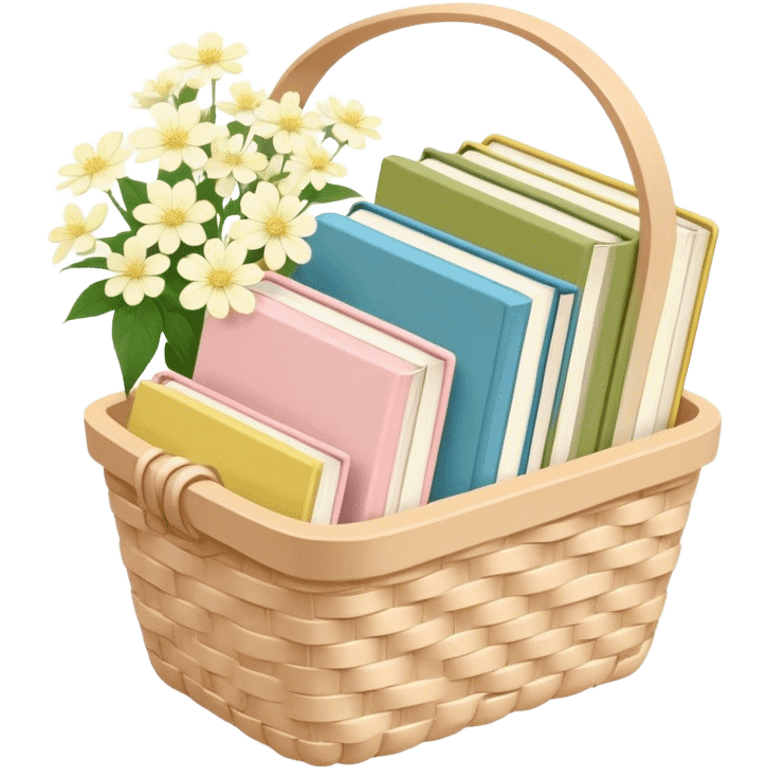 Pastel pink pastel yellow pastel blue and matcha colored books in a beige basket with flowers emoji