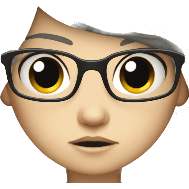 angry scowling white little girl, long black hair, wearing glasses, with arms crossed over chest. emoji