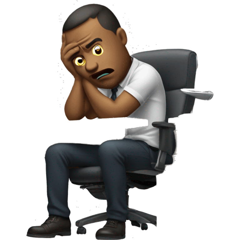 man sitting at a wooden work desk in office chair slumped and looking frustrated emoji