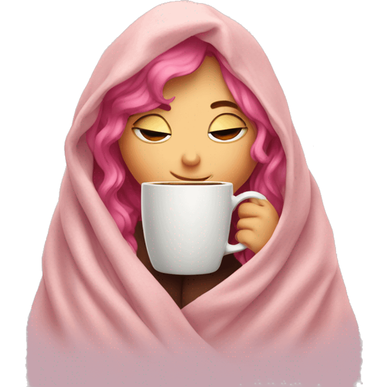 girl inside a blanket sipping coffee eyes closed pink hair emoji