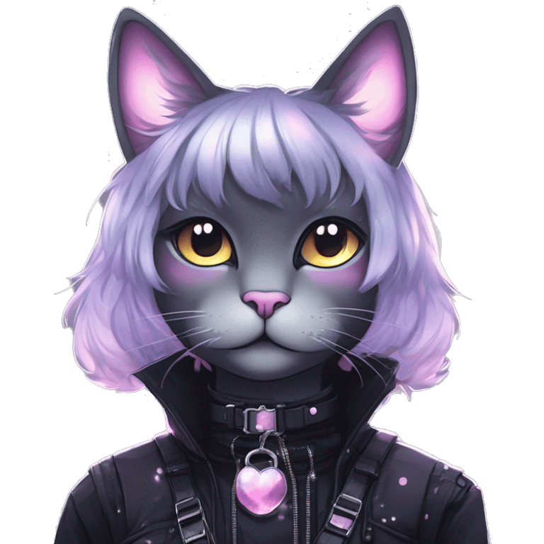 Gorgeous sparkly ethereal shiny gradient gothic dark techwear anime style anthro cat with blushing face aesthetic and pretty edgy black with collar and harness trending style emoji