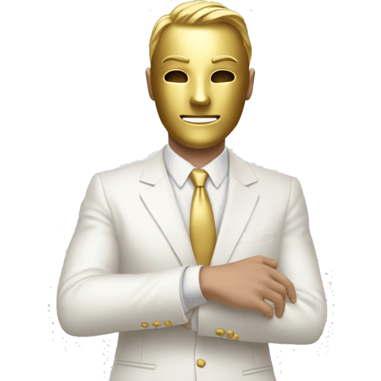 White suit Guy with gold Mask raising his right hand and looking down emoji