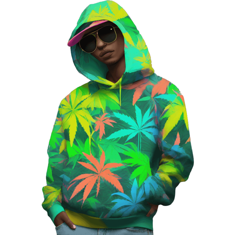 Hemp leaves Multicoloured neon person smoking wearing hoodie dancing hip hop bucket hat tropical Skater fashion aesthetic baggy clothes graphic t shirt 420 emoji