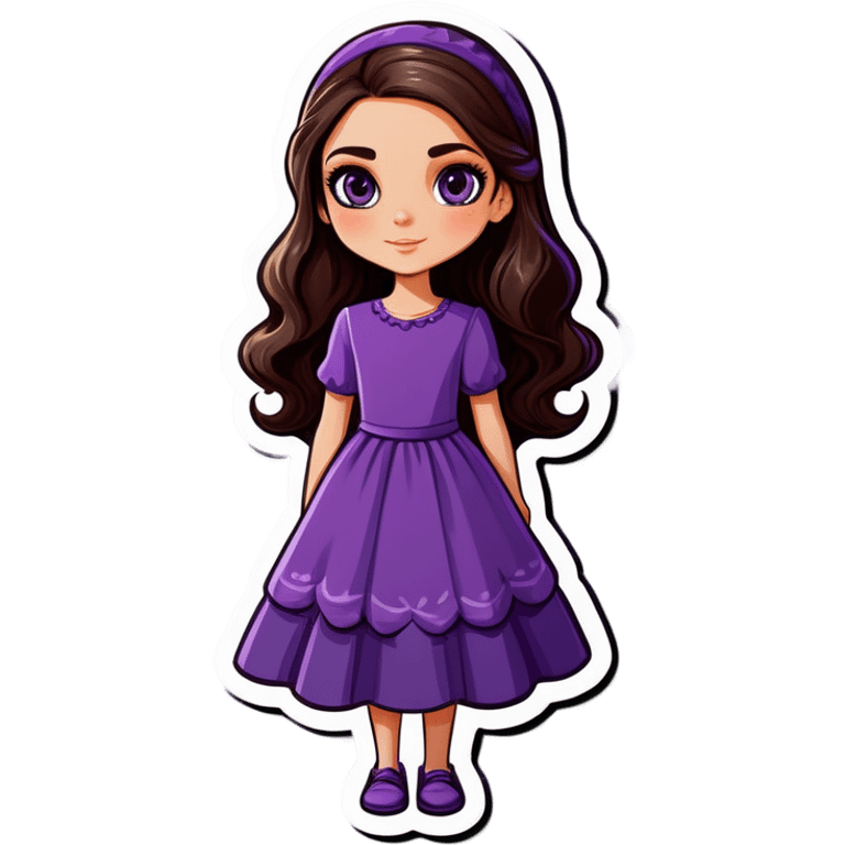 White girl with long dark brown hair in a purple dress emoji