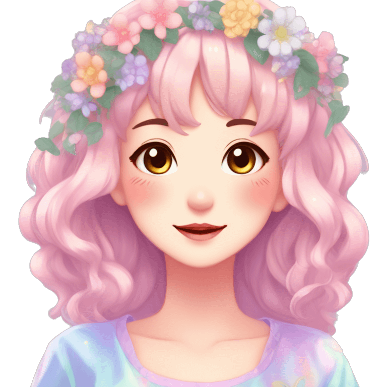 Gorgeous Shiny Colorful Pastel Anime Mature Lady with blushing face and pretty hair with a flower crown pastelcore kawaii cottagecore fairycore aesthetic trending style emoji