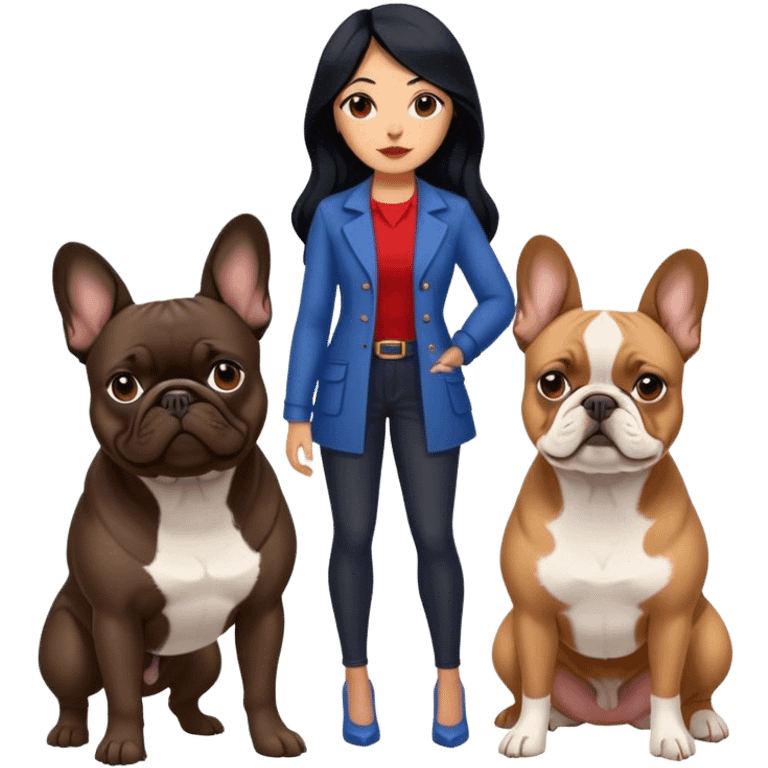 latin woman with long black hair standing alongside two French bulldogs  emoji