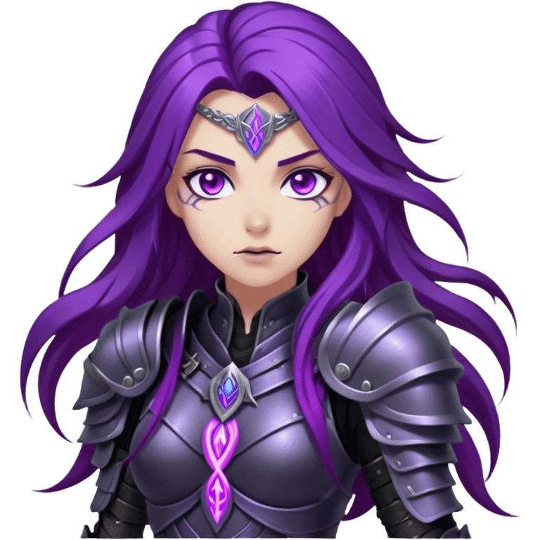 A mysterious warrior girl with long, flowing purple hair catching the dim light. Her glowing violet eyes stare forward, unwavering. She wears sleek black armor, adorned with silver runes that pulse faintly with hidden power. A dark mist swirls at her feet, hinting at the energy she commands. emoji