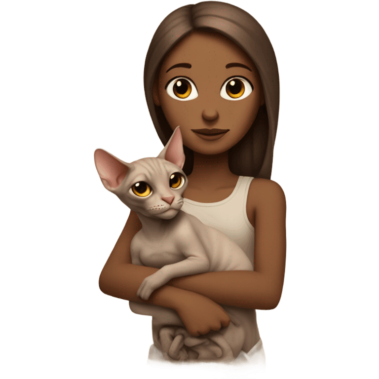 A white girl with brown long hair holds a sphinx cat in her arms emoji