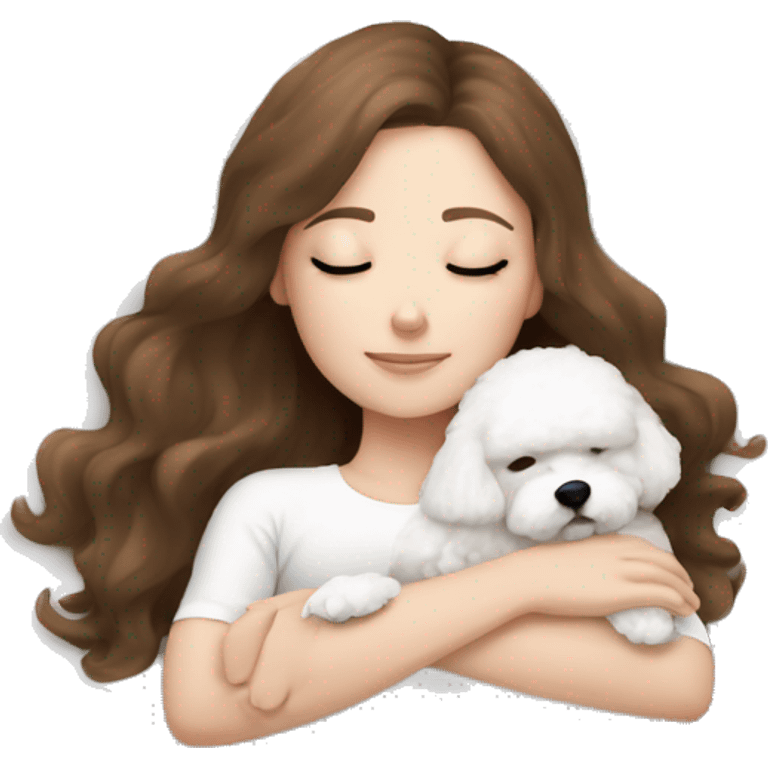 White girl brown hair sleeping with Mini Bichon emoji