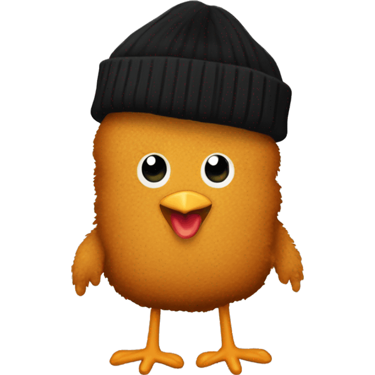 A cute chicken nugget with arms, legs, and cartoon eyes. Wearing a black beanie emoji