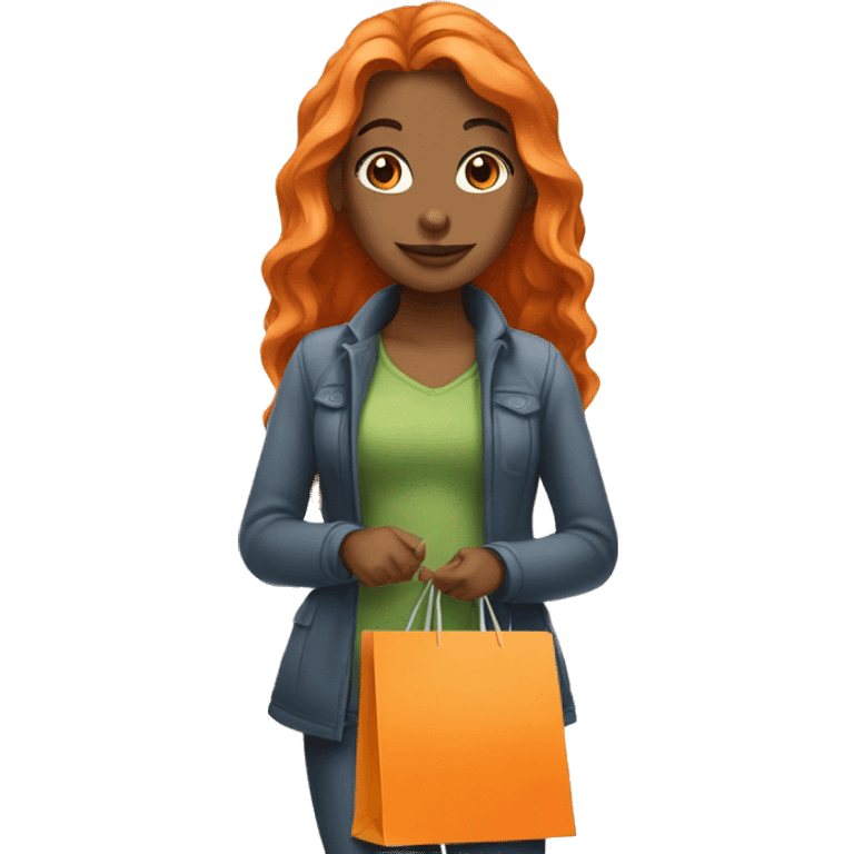 Tan girl with long orange hair holding shopping bags emoji