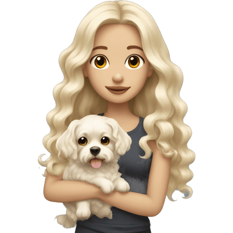 White blonde long wavy hair girl holding a cute multipu dog with short ears wavy fur emoji