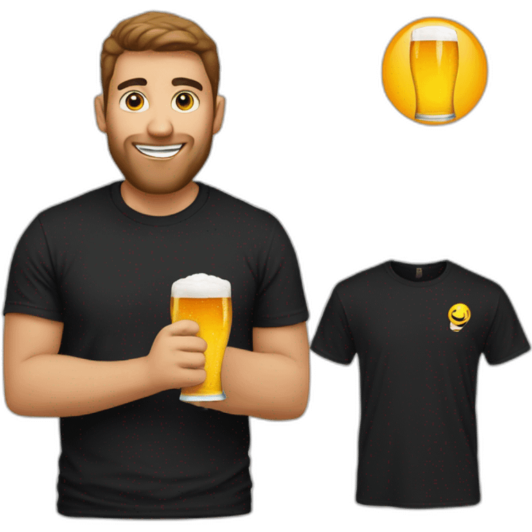 Man with a black T-shirt holding a glass of beer. On the T-shirt is a BBS logo emoji