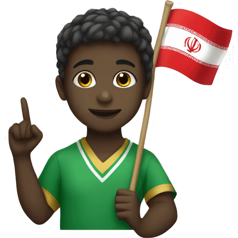 A dark-skinned boy with an Iranian flag and a victory sign emoji