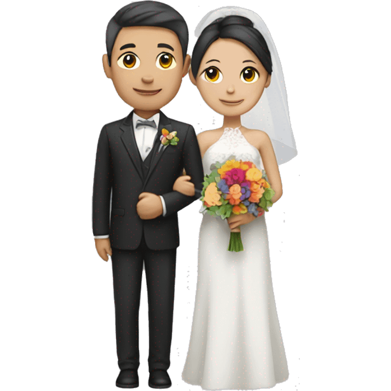 A loving white skin asian wedding couple with a multicolored bouquet  emoji