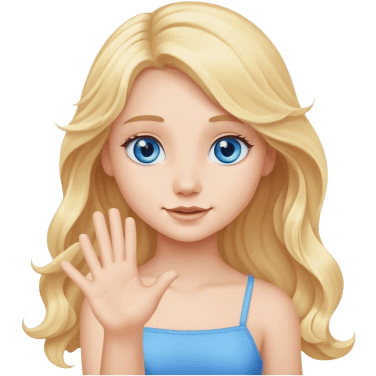 A cute blonde girl with long hair and blue eyes waves arm hello emoji