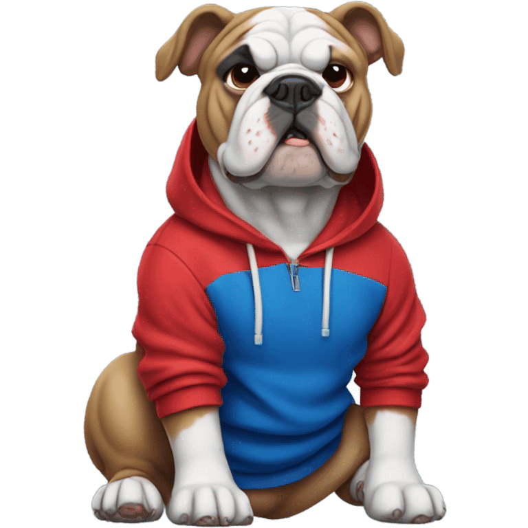 Bulldog with red and blue hoodie in emoji