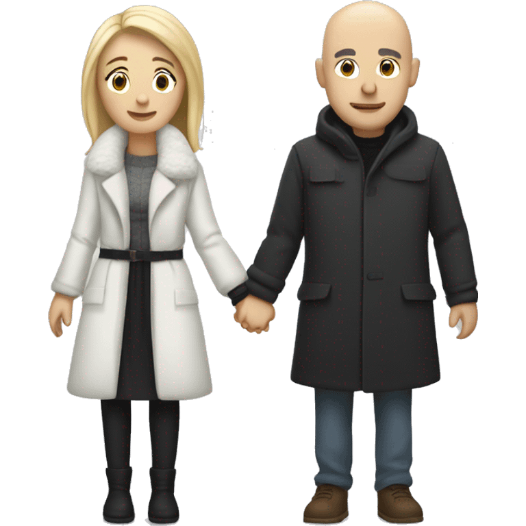 White bald man with black eyebrows holding hands with long blond woman in winter clothes emoji