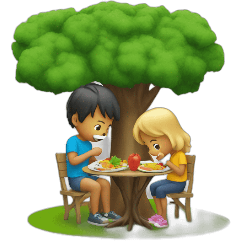 2 kids eating behind a tree emoji