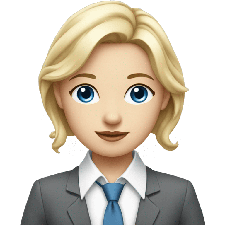 young blonde girl dressed in suit and tie with gray dress blue eyes and white shirt with hands behind her back feeling elegance emoji