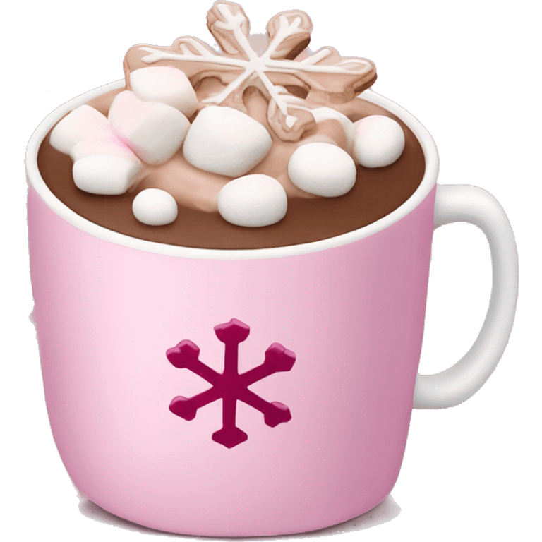 Hot chocolate with cream and Marshmallows in a pink cup with a snowflake on it  emoji