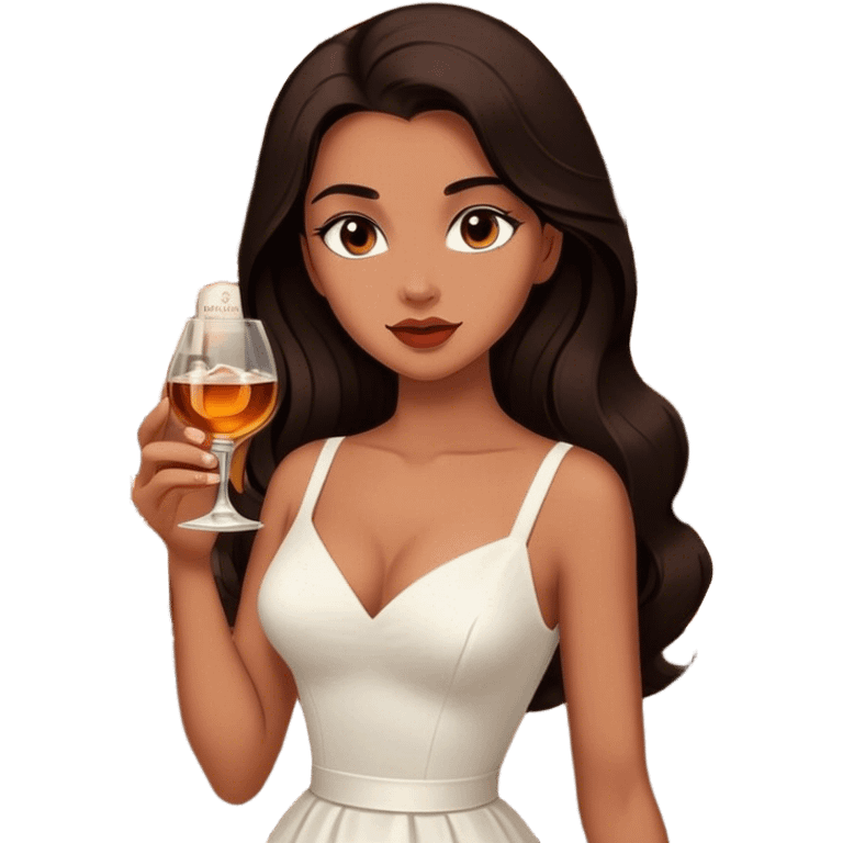 Beautiful woman in 1950’s woman fashion look, white dress, long dark brown hair, whisky with ice emoji