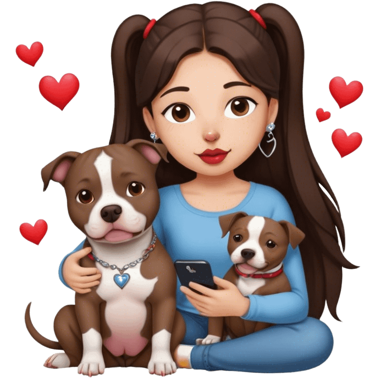 Young girl was long, dark brown hair sits with her dog who is a pretty girl pitbull with her cell phone in her hand in a small septum ring in her nose was hearts flying all around her emoji