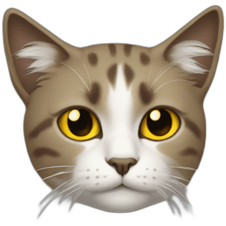 cat with white head and at the top of his head some black cyper color, yellow brown eyes, dirty looking emoji