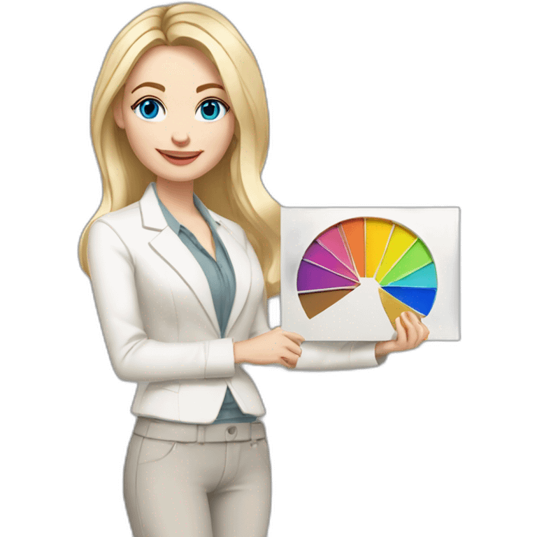 pale skin woman interior designer with blonde middle length straight line hair, blue eyes, White classical jacket, Gray Palazzo pants holding a color palette in the hands emoji