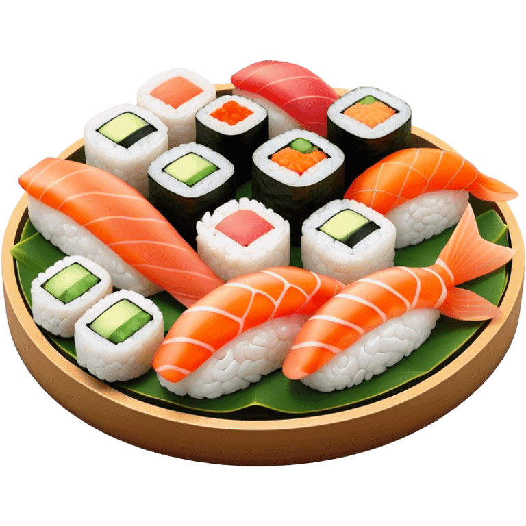 Cinematic Realistic Sushi Dish Emoji, depicted as an artful arrangement of fresh sushi with vibrant colors rendered with lifelike textures and delicate, natural lighting. emoji