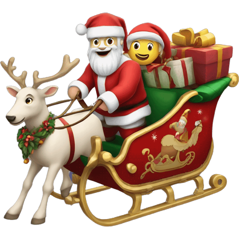 Santa Claus in his sleigh with rodolf leading the way emoji