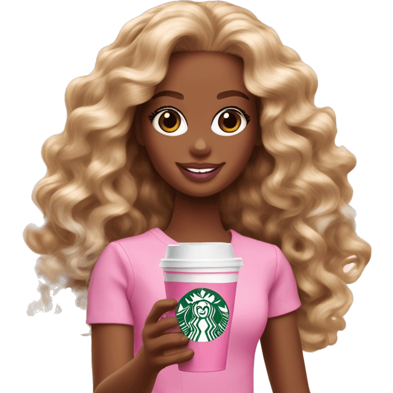 Barbie girl with brown and blonde Omni long curly hair holding Pink starbucks refresher emoji