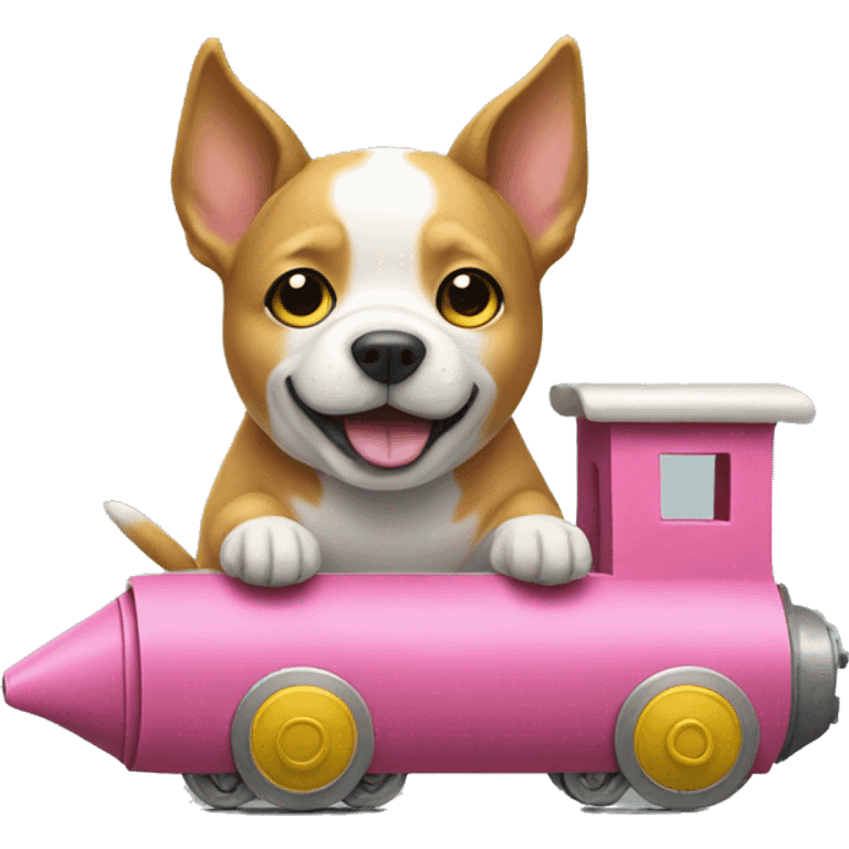 A dog riding a fabric train with yellow cabins and a pink head emoji