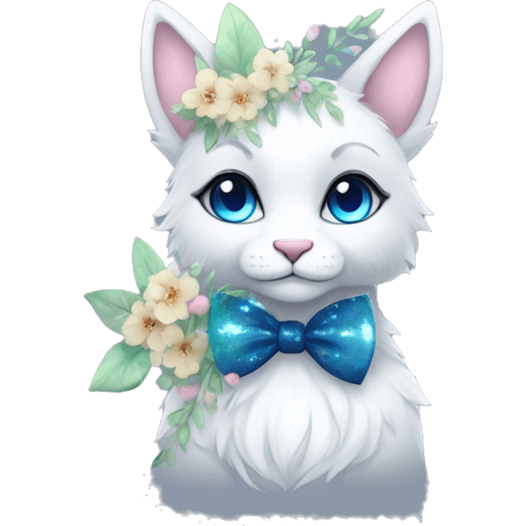 Anthro Cute Cool Kawaii gorgeous sparkly ethereal fantasy animal creature with blue eyes furry sona with flowers and bow tie beautiful aesthetic emoji