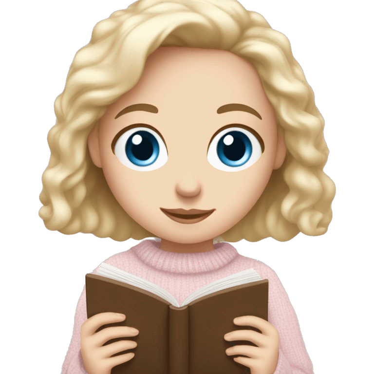 Pretty blue eyed white girl with light pink sweater reading cozy emoji