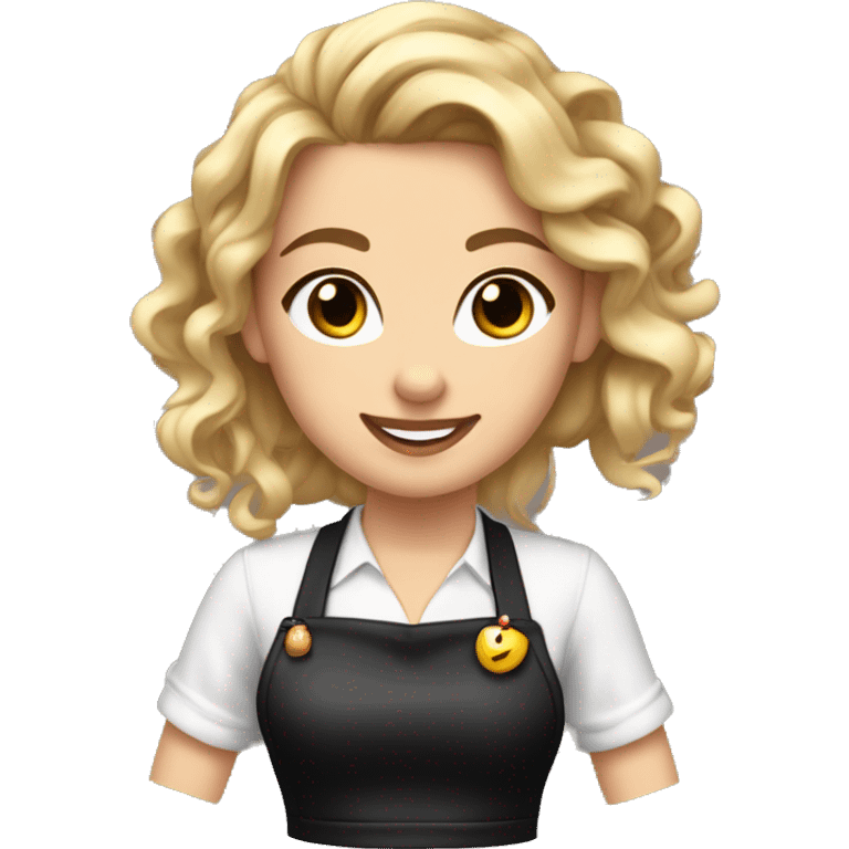 Waitress with white shirt and black apron, curly blonde hair in a pony tail, hazel eyes, lots of bohemian jewelry and bracelets  emoji